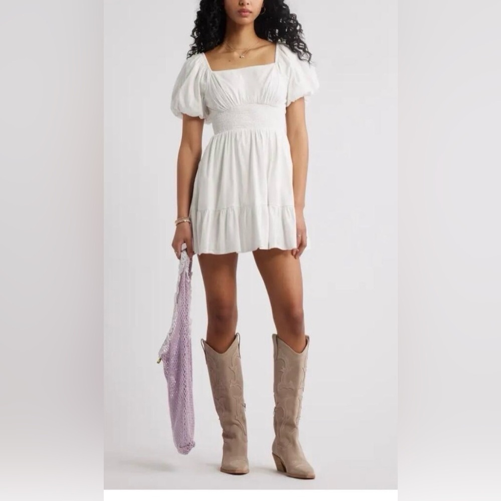 Nordstrom BP White Smocked Mini Dress with Puff Sleeves Juniors Size Small